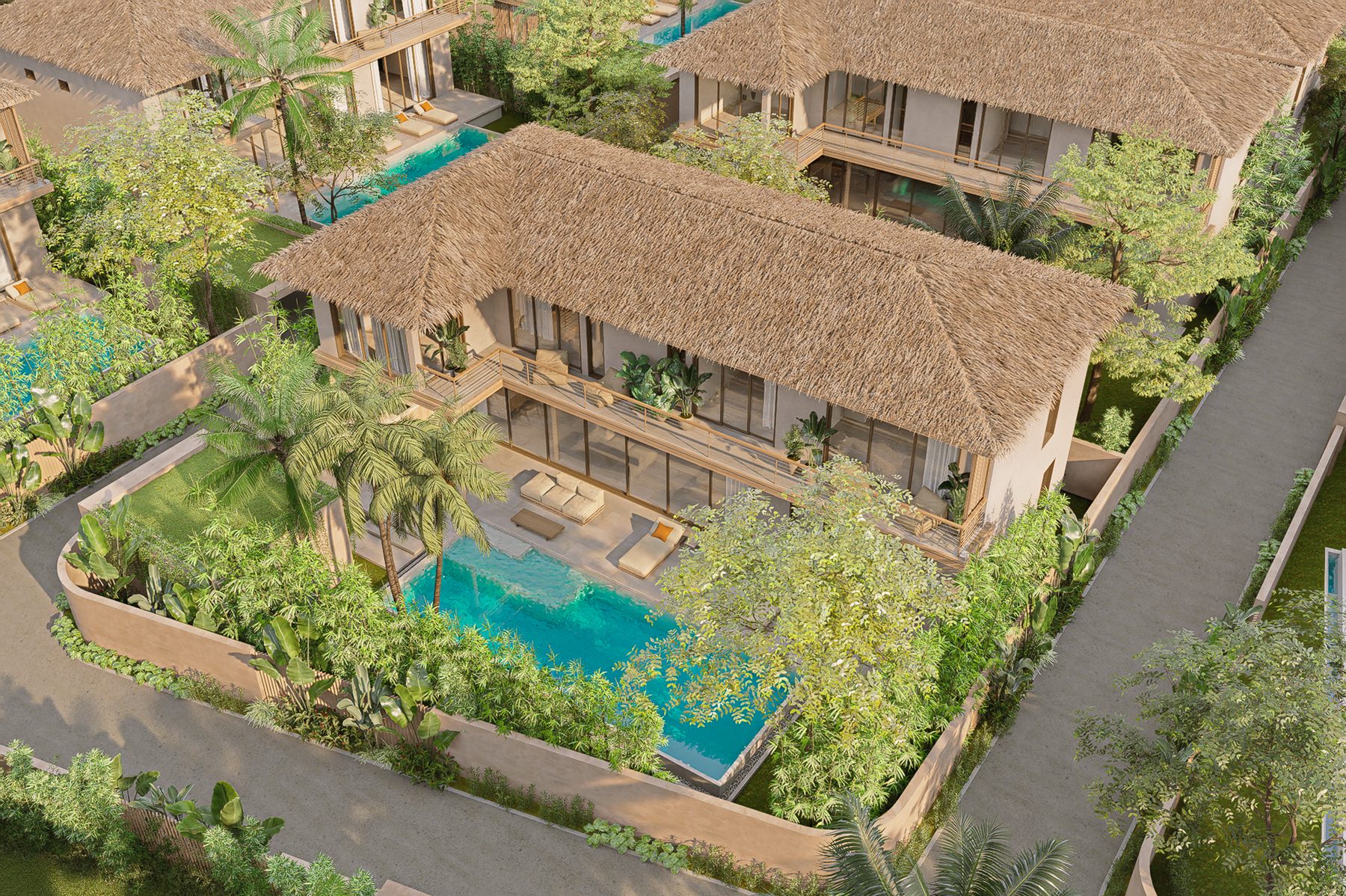 Aerial view of a Pacific Noma villa with pool