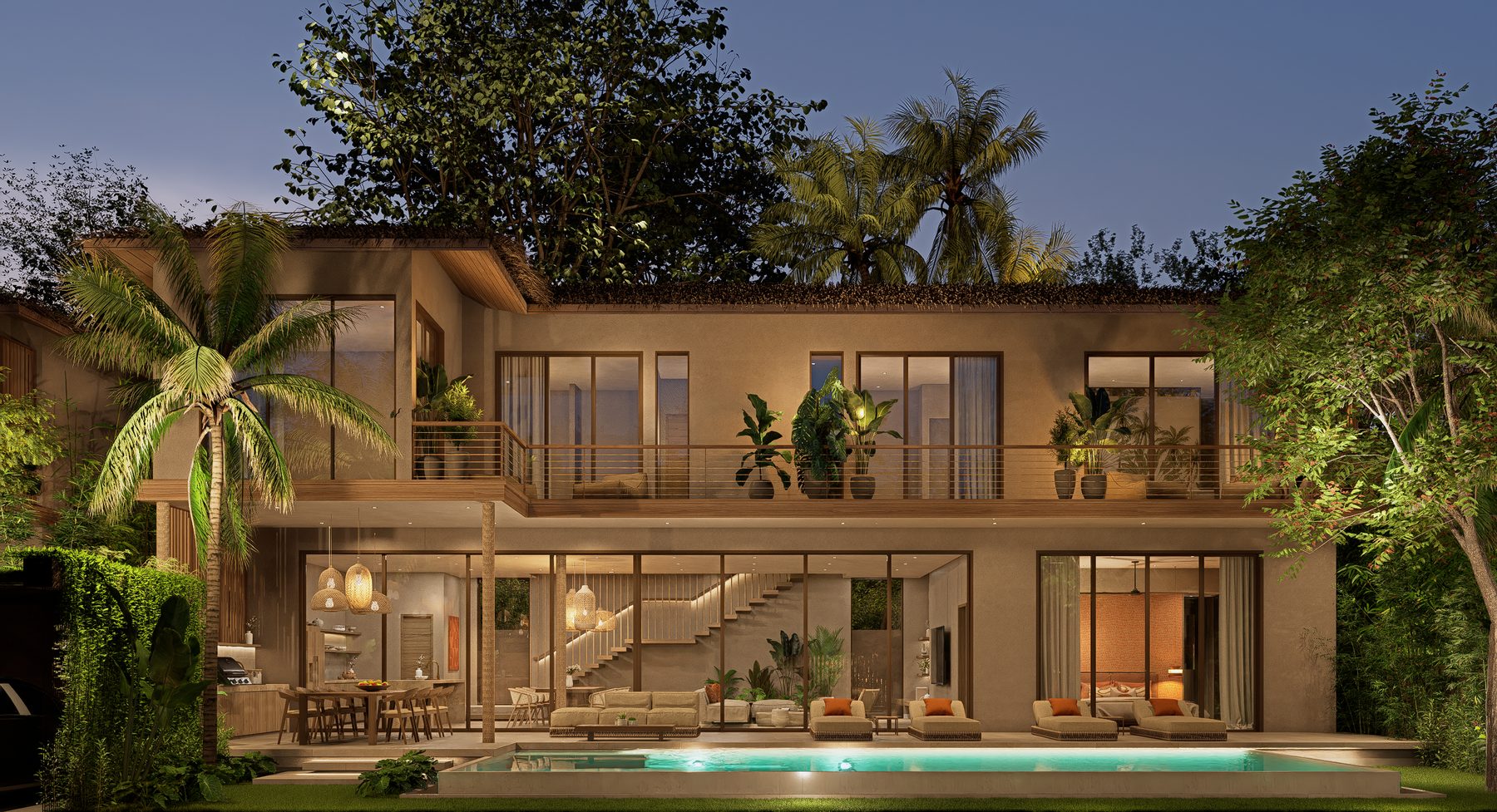 Pacific Noma villa lit up at dusk, Mae Nam